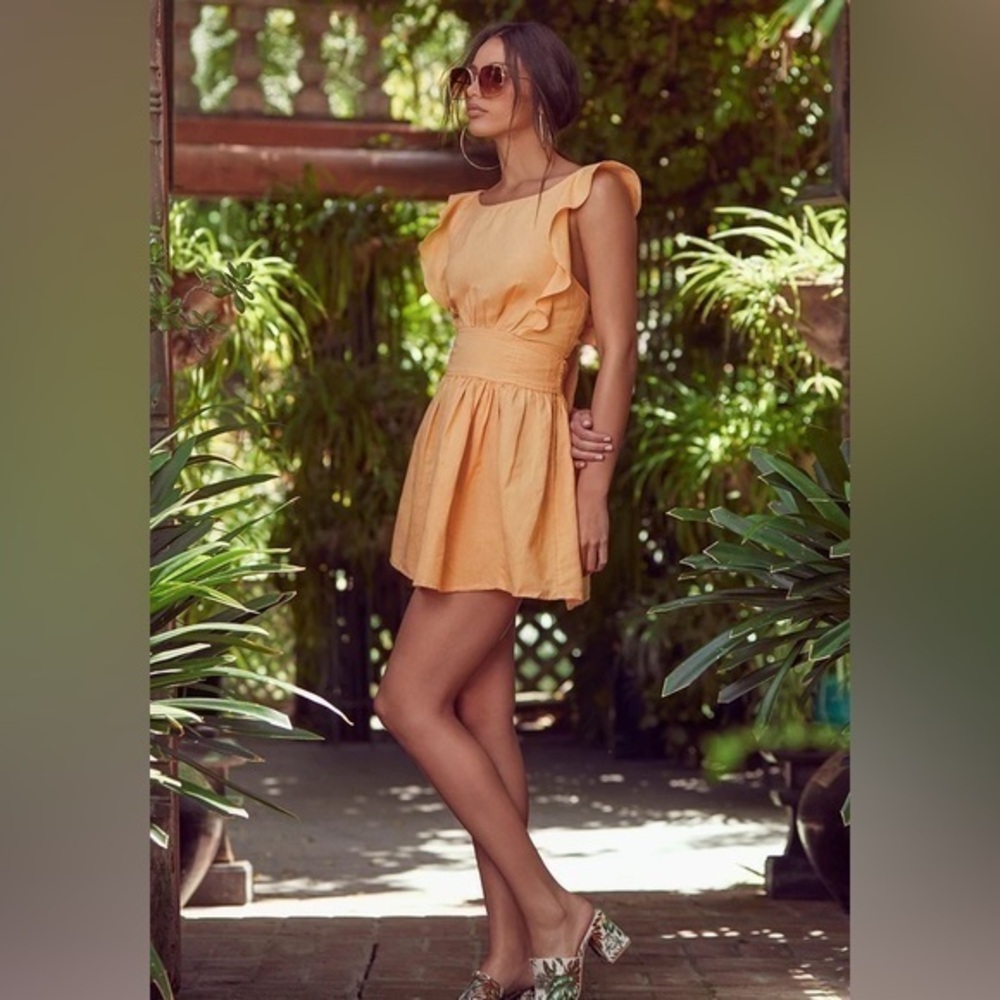 Free People Erin Tie Back Golden Ruffle Linen Blend Fit and Flare Mini Dress